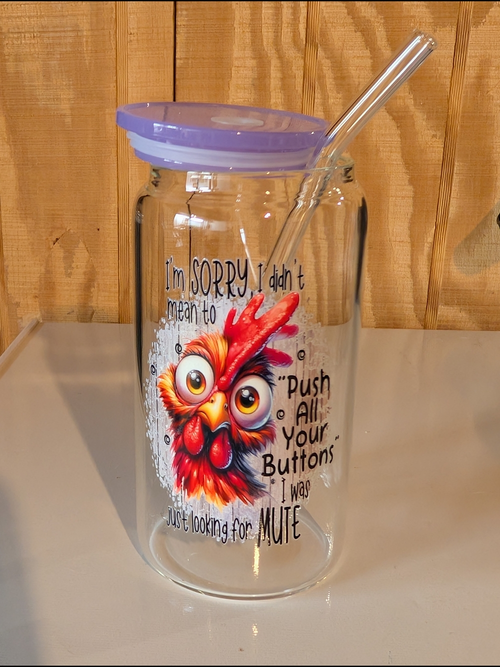 Funny Rooster Glass Tumbler with Purple Lid and Straw